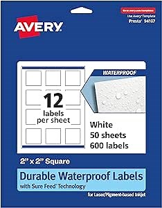 Avery Printable Durable White Square Labels, Sure Feed Technology, 2" x 2", Print-to-the-Edge, Waterproof Labels, Laser & Pigment-Based Inkjet Compatible, 600 Total