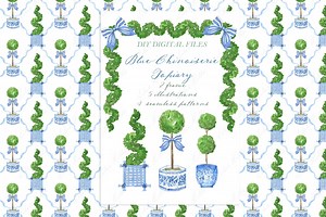Chinoiserie Blue Topiary. DIY Digital Paper Frames Watercolor Clipart - Etsy