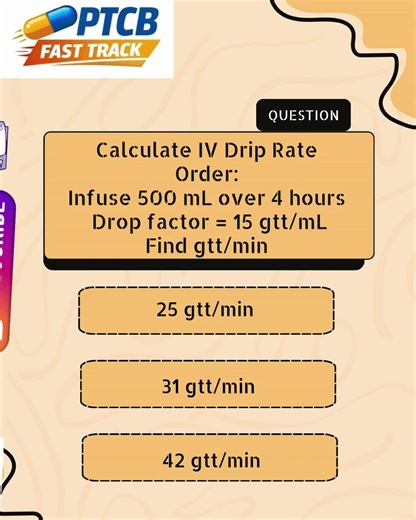 PTCB Math Practice question #PTCB #PTCB Study Guide #PTCB Prep #Phharmacy Math #IV Drip Rate