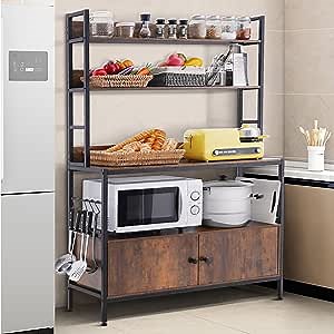5-Tier Kitchen Baker’s Rack with Storage,Large Bakers Rack with Cabinet, Heavy Duty Oven Stand Microwave,Free Standing Kitchen Utility Shelf with Storage,Spice Rack with Hooks