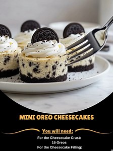Mini 🤡 Oreo Cheesecakes These creamy mini cheesecakes have a crunchy Oreo cookie base and chunks folded throughout for extra texture. Perfectly portioned for a delightful treat! Ingredients: For the Cheesecake Crust: 16 Oreos For the Cheesecake Filling: ..... Full Recipe in Coʍmеոτ 💬 👄 | Mommy Needs A Recipe