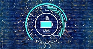 Animation of computer circuit board with data processing and battery icon