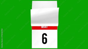 May daily calendar with animated turning pages and a white page at the end to write your message. Calendar flipping pages, flip book 3D animation on green screen.