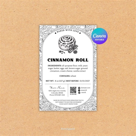 Bakery Food Labels for Cinnamon Rolls, Editable Cottage Food Template, 4x6 Canva Design - Etsy