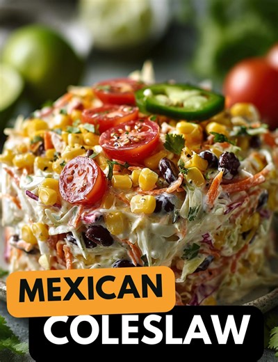 Mexican coleslaw is bursting with the fresh flavors of tomatoes, roasted corn, jalapeno, and cilantro. This simple cabbage salad is so quick to come together, and it is the perfect side dish for burgers, chicken tacos, beef steak, and burrito bowls, making it one of my favorite salads. Ingredients: 1 cup mayo 2/3 cup sour cream 3 tbsp fresh lime juice 2 tbsp taco seasoning 1 bag (16 oz) tri-color coleslaw mix 1 diced red pepper 1 1/2 cups grape tomatoes, halved 1 can (15.25 oz) black beans, drai