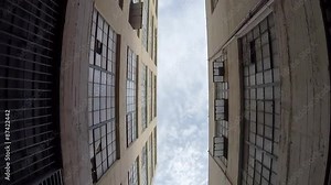 Urban industrial alley moving upward view in downtown Los Angeles