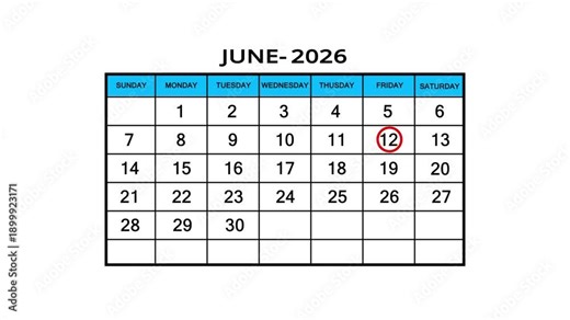 The calendar of June month 12th day is red circled, looped animation. A very important date in the calendar. Signing a day on a calendar. white background.4k