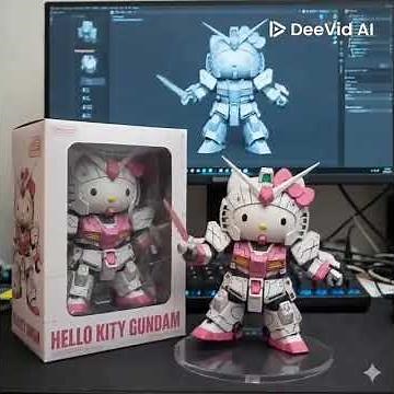 hello kitty in Gundam suit dancing happily