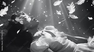 Feathers floating around a woman in a dreamy monochrome environment