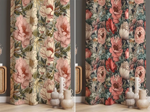 Vintage Peony Curtain, Sage Green Pink Flower Panel, Cottagecore Bedroom Decor - Etsy