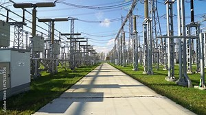 Power line industrial view, line of electric transmissions, view of the steel towers with wires, the process of energy conversion and transportation electricity.