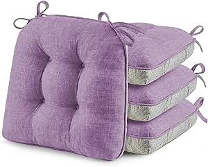 puredown® Chair Cushions for Dining Chairs, Tufted Memory Foam Chair Pads with Non-Slip Backing, Kitchen Seat Cushions with Ties, Washable Seat Pads Set of 4, 15.5" x 15.5" x 4", Purple