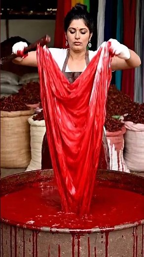 Woman Spice-Dyeing Sarees in a Vat of Chili Paste