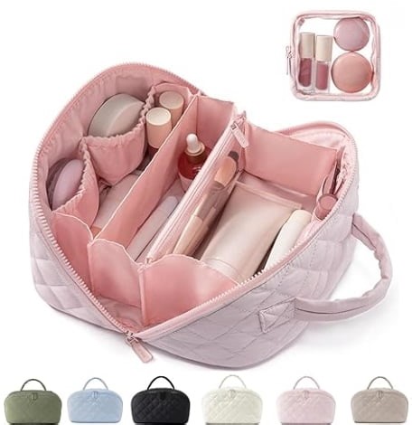 Travel Make Up Bag for Women, Large Capacity 180° Lay-Flat Design, Water-Resistant Puffer Cosmetic Organizer Pouch with Compartments for Toiletries & Brushes