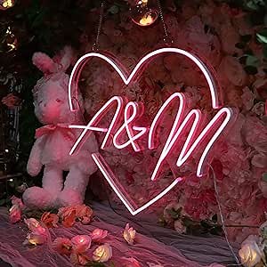 Custom Neon Signs - LED Wedding Custom Neon Name Initials Sign for Wall Decor, Personalized Neon Name Lights for Bedroom Home Decor Birthday Party Business Large Heart Neon Sign