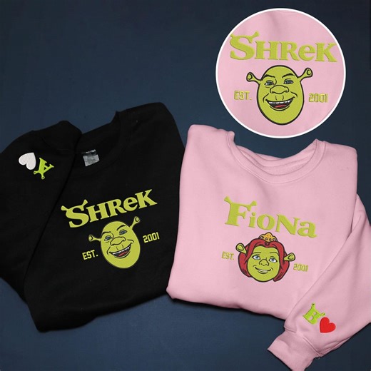 Shrek Fiona Embroidered Sweatshirt, Shrek Custom Initial Hoodie, Valentine Couple Hoodie, Custom Name Embroidered Sweatshirt, Couple Gifts - Etsy