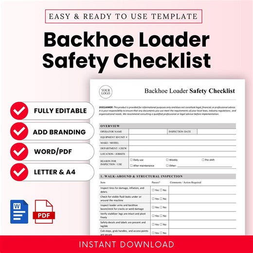Backhoe Loader Safety Checklist Template – Word & PDF, A4   US Letter - Etsy Canada