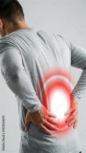 Man experiencing severe lower back pain with red highlighted lumbar area medical healthcare concept realistic lifestyle footage showing muscle strain injury and spinal discomfort indoor studio shot