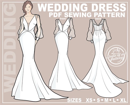 Mermaid Wedding Dress Sewing Pattern: Long Sleeves (PDF Digital Download, 5 Sizes XS-XL, A4 Print-at-home/a0 Plotter Format) - Etsy