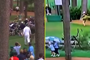 Scary footage shows huge trees falling at 2023 Masters as Augusta issues another severe weather update and delays first round tee times