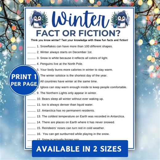 Winter Fact or Fiction Game, Printable Holiday Trivia Party Game, Winter Trivia Quiz, Office Party Games, Christmas Games, Winter Activity - Etsy UK