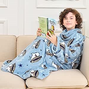 Softan Kids Wearable Fleece Blanket with Sleeves & Foot Pocket for Kids Boys Girls, Lightweight Soft Blanket,Shark 48" x 48"