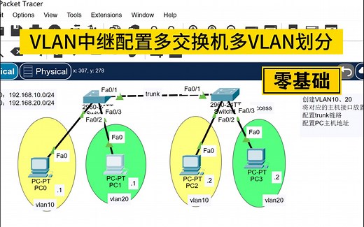 5分钟零基础体验思科模拟器Cisco Packet Tracer项目中继Trunk链路配置-多交换机多VLAN的划分和配置