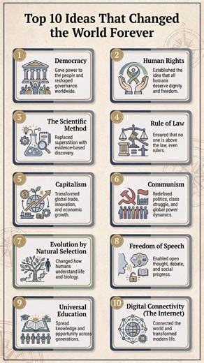 Top 10 Ideas That Changed the World Forever Some ideas are so powerful that they reshape societies, spark revolutions, and redefine how humanity lives and thinks. Here are 10 ideas that permanently changed the course of the world 👇 1️⃣ Democracy – Gave power to the people and reshaped governance worldwide 2️⃣ Human Rights – Established the idea that all humans deserve dignity and freedom 3️⃣ Scientific Method – Replaced superstition with evidence-based discovery 4️⃣ Rule of Law – Ensured that n