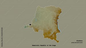 Maniema, province of Democratic Republic of the Congo, with its capital, localized, outlined and zoomed with informative overlays on a relief map in the Stereographic projection. Animation 3D