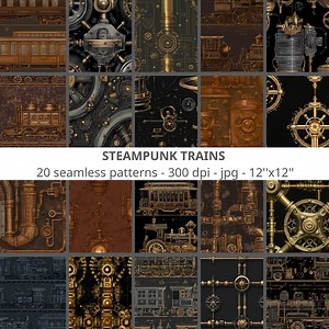 20 Steampunk Trains patterns seamless, impressions numériques, fichier sans couture, 300 dpi, 12'x12', usage personnel et commercial