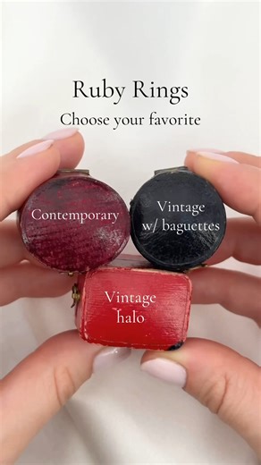 291K views · 6.7K reactions | Ruby Rings: which is your favorite? Items shown: Contemporary 2ct no heat ruby ring w/ diamond accents: pb23239 Vintage no heat purplish-red ruby ring w/ baguette diamonds: rd24502 Vintage no heat ruby ring w/ diamond halo: ac22724 You can shop these rings and more by clicking the link in our profile. #july #julybirthstone #ruby #rubyring | EraGem | Facebook