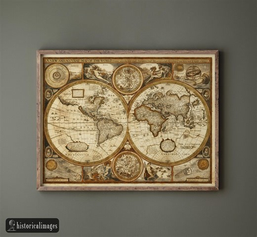 Ancient World Map of 1676. Double Hemisphere Illustrated Map of All Continents. Fine Art Print - Etsy