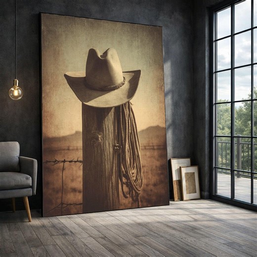 Vintage Cowboy Hat Framed Wall Art, Sepia Western Canvas Print, Rustic Farmhouse Living - Etsy