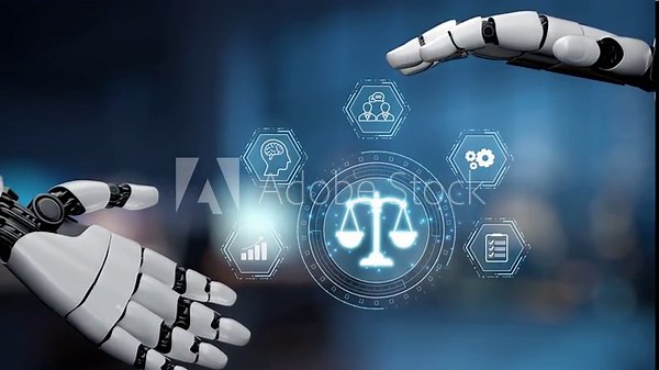 This image illustrates the convergence of robotics and law, featuring robotic hands reaching towards a symbolic representation of justice and balance in a digital space. Synapse
