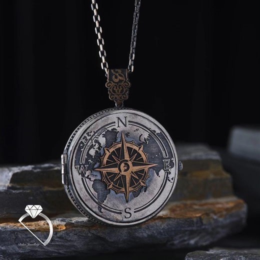 Sterling Silver Compass World Map Locket Necklace, Nautical Travel Pendant for Him - Etsy