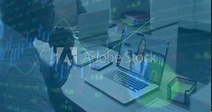 Man clicking laptop and initiating finance call while woman presenting charts and man typing notes