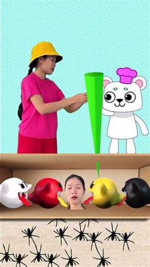 Hana and the bear cub tease the monsters inside the cardboard box