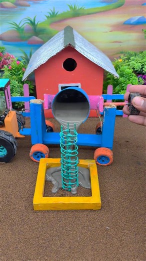 Mini Tractor Pouring Cement Into Spiral Rebar Mold 🚜 #Shorts