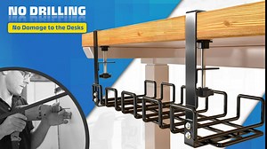 No Drilling Cable Management Under Desk, Metal Under Desk Cable Management with High Capacity, Adjustable and Removable Desks Cable Management Tray Matches Most Office Desks, Black Coraje