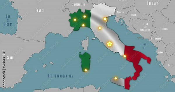 Map of Italy in the colors of national flag. The capital and major cities are marked.