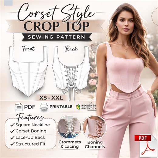 Corset Style Crop Top Sewing Pattern PDF | Square Neck Lace up Back Top | Bustier Bodice With Boning | XS-XXL | Beginner Friendly Digital - Etsy
