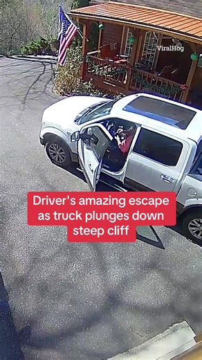 Terrifying footage shows a driver jumping back into his rolling truck to stop it, only to go over the edge as it plummeted down a cliff. Miraculously, he managed to get out just before the final plunge and is fine. #MiracleEscape #TruckCrash #CloseCall #Survivor #CaughtOnCamera