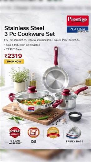 Prestige Platina Stainless Steel Cookware Set 3 Pc Triply Set Best Induction & Gas Cookware ₹2319
