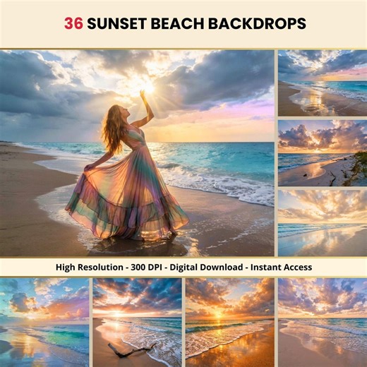36 Sunset Beach Backdrops - Photography Ocean Backgrounds for Portraits and Maternity Backdrops, Photography Backdrops, Photoshop Overlays - Etsy