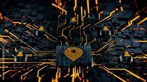 Location Technology Concept with map pin symbol on a Microchip. Orange Neon Data flows between Users and the CPU across a Futuristic Motherboard. Seamless loop.