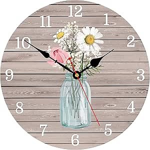 Kitchen Wall Clock 8 Inch Battery Operated Vintage Round Wooden Wall Clocks Classic Flowers in Glass Bottle Style Pattern Art Decor Silent Wall Clock for Home Office Decoration