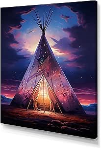 DesignQ Native American Art Wall Art, Sacred Visions in a Native Tipi, Native American Art Wall art decor, Purple Global Canvas wall art, 24x32 inches
