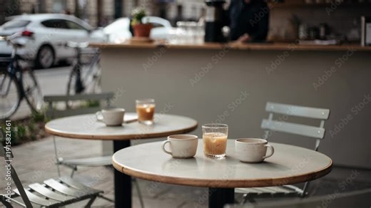 Medium shot capturing small tables with branded cups at an outdoor beverage bar under a cloudy sky the street scene behind gently out of focus for a calm cozy vibe.