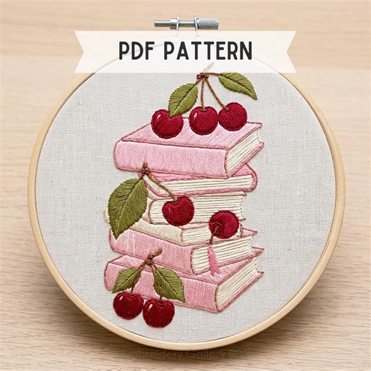 Reading Embroidery Pattern Spring Embroidery Reading Embroidery Books Lovers Gift Cherry Books Art - Etsy