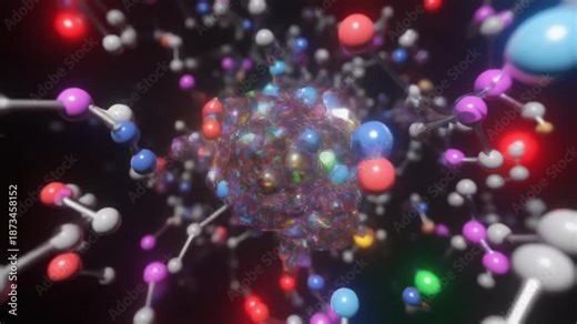 Dynamic visualization of interconnected molecular structures and data networks, featuring colorful spheres linked in a complex system representing scientific innovation and digital information flow